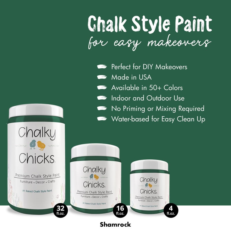 Chalky Chicks All-in-One Chalk Paint for Furniture or Cabinet - 32 Fl Oz - Matte Finish Shamrock (Dark Green) for Metal, Wood Furniture Paint - No Sanding All-in-One for Home Decor & Crafts, USA Made - Image 2